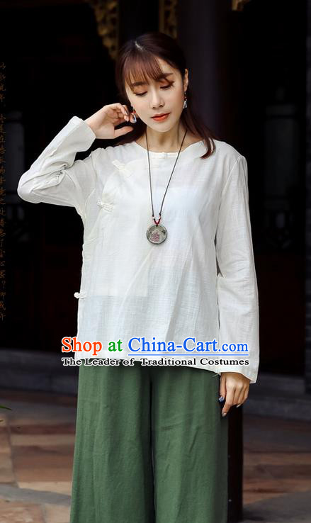 Traditional Chinese National Costume, Elegant Hanfu Linen Slant Opening White Shirt, China Tang Suit Republic of China Plated Buttons Chirpaur Blouse Cheong-sam Upper Outer Garment Qipao Shirts Clothing for Women