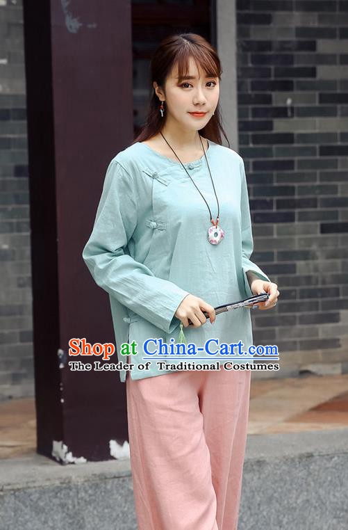 Traditional Chinese National Costume, Elegant Hanfu Linen Slant Opening Blue Shirt, China Tang Suit Republic of China Plated Buttons Chirpaur Blouse Cheong-sam Upper Outer Garment Qipao Shirts Clothing for Women