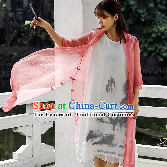 Traditional Ancient Chinese National Costume, Elegant Hanfu Chiffon Pink Cardigan Coat, China Tang Suit Plated Buttons Cape, Upper Outer Garment Dust Coat Cloak Clothing for Women