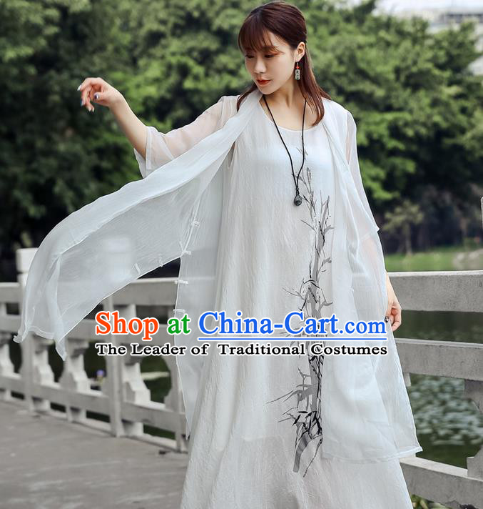 Traditional Ancient Chinese National Costume, Elegant Hanfu Chiffon White Cardigan Coat, China Tang Suit Plated Buttons Cape, Upper Outer Garment Dust Coat Cloak Clothing for Women