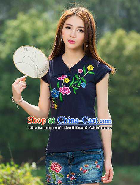 Traditional Chinese National Costume, Elegant Hanfu Embroidery Flowers Navy T-Shirt, China Tang Suit Republic of China Plated Buttons Chirpaur Blouse Cheong-sam Upper Outer Garment Qipao Shirts Clothing for Women