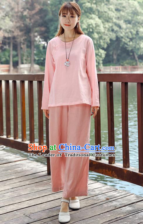 Traditional Chinese National Costume Loose Pants, Elegant Hanfu Linen Pink Wide leg Pants, China Ethnic Minorities Tang Suit Folk Dance Ultra-wide-leg Trousers for Women