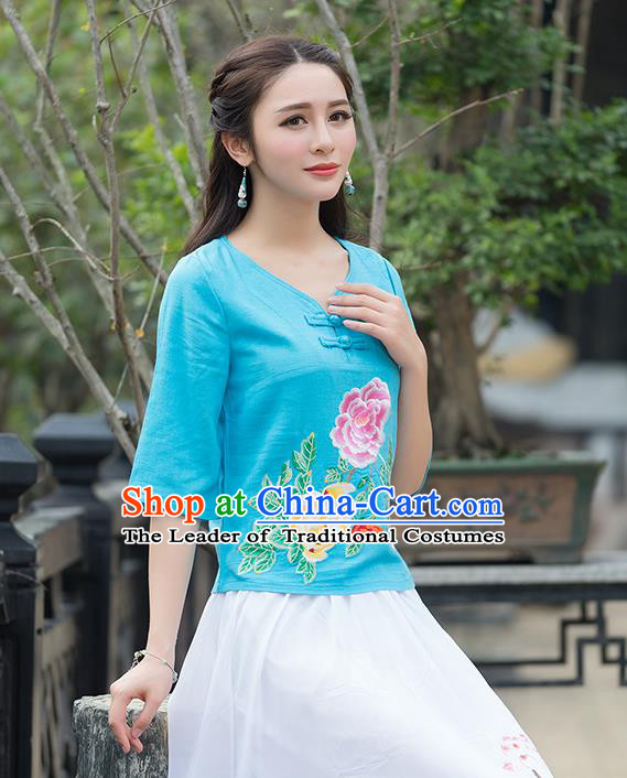 Traditional Chinese National Costume, Elegant Hanfu Embroidery Flowers Blue T-Shirt, China Tang Suit Republic of China Plated Buttons Chirpaur Blouse Cheong-sam Upper Outer Garment Qipao Shirts Clothing for Women