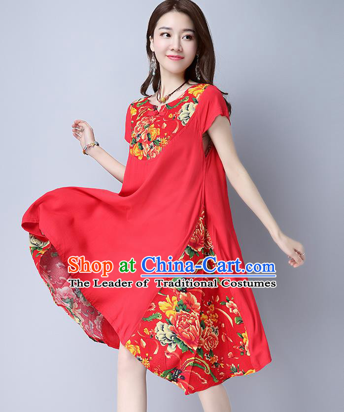 Traditional Ancient Chinese National Costume, Elegant Hanfu Mandarin Qipao Linen Peony Flowers Red Dress, China Tang Suit Chirpaur Republic of China Cheongsam Upper Outer Garment Elegant Dress Clothing for Women