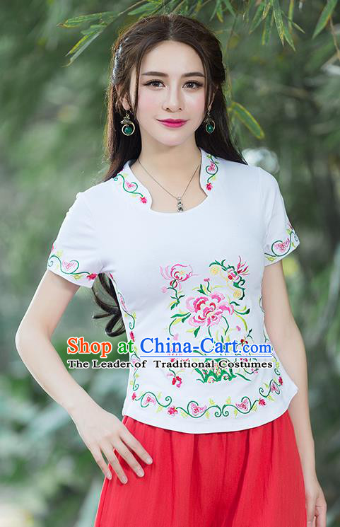 Traditional Chinese National Costume, Elegant Hanfu Embroidery Flowers Stand Collar White Pink T-Shirt, China Tang Suit Republic of China Chirpaur Blouse Cheong-sam Upper Outer Garment Qipao Shirts Clothing for Women