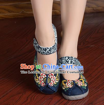 Traditional Chinese Shoes, China Handmade Linen Embroidered Flowers Navy Shoes, China Ancient Cloth Shoes for Women