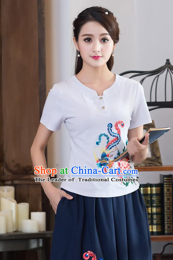 Traditional Chinese National Costume, Elegant Hanfu Embroidery Phoenix Flowers White T-Shirt, China Tang Suit Republic of China Chirpaur Blouse Cheong-sam Upper Outer Garment Qipao Shirts Clothing for Women