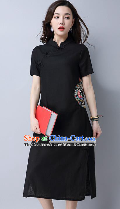 Traditional Ancient Chinese National Costume, Elegant Hanfu Mandarin Qipao Linen Slant Opening Embroidery Black Dress, China Tang Suit Chirpaur Republic of China Cheongsam Upper Outer Garment Elegant Dress Clothing for Women