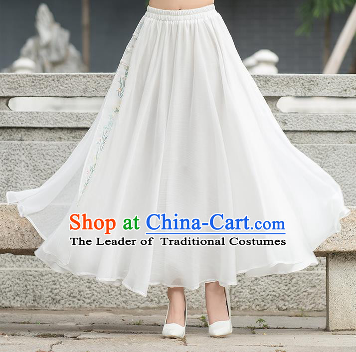 Traditional Ancient Chinese National Pleated Skirt Costume, Elegant Hanfu Hand Painting Peach Blossom Long White Dress, China Tang Suit Bust Skirt for Women