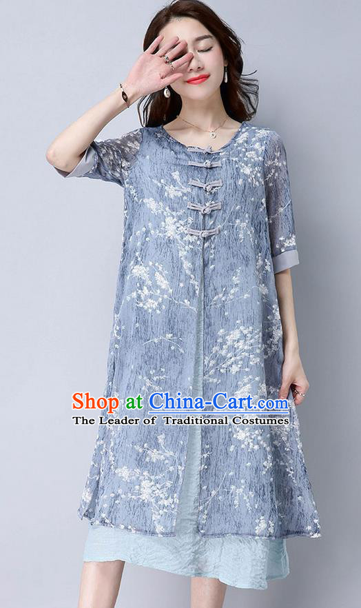 Traditional Ancient Chinese National Costume, Elegant Hanfu Mandarin Qipao Linen Double-deck Blue Dress, China Tang Suit Chirpaur Republic of China Cheongsam Upper Outer Garment Elegant Dress Clothing for Women