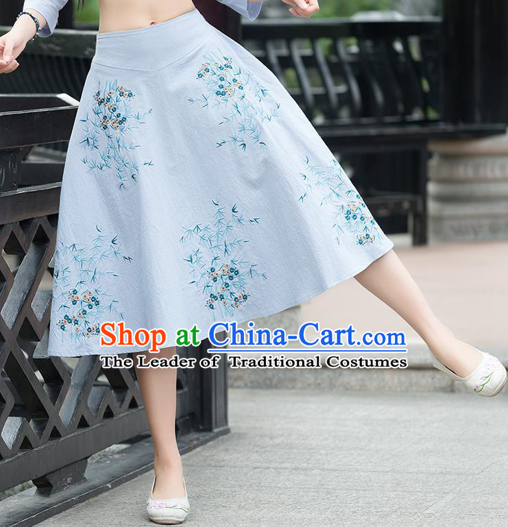 Traditional Ancient Chinese National Pleated Skirt Costume, Elegant Hanfu Embroidery Blue Dress, China Tang Suit Big Swing Bust Skirt for Women