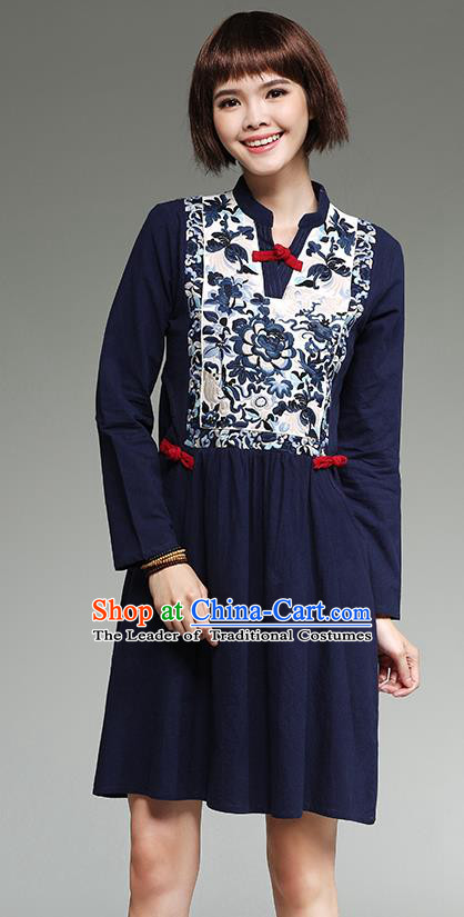 Traditional Ancient Chinese National Costume, Elegant Hanfu Mandarin Qipao Patch Embroidery Linen Navy Dress, China Tang Suit Chirpaur Republic of China Cheongsam Upper Outer Garment Elegant Dress Clothing for Women