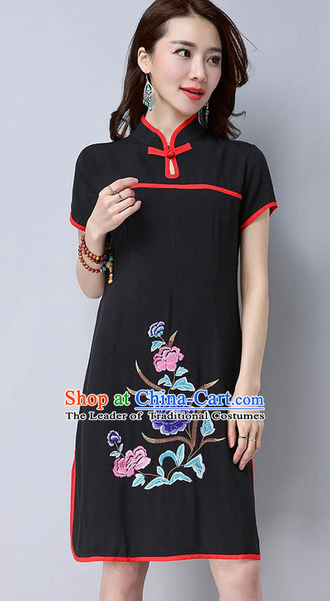 Traditional Ancient Chinese National Costume, Elegant Hanfu Mandarin Qipao Embroider Black Dress, China Tang Suit Chirpaur Republic of China Cheongsam Upper Outer Garment Elegant Dress Clothing for Women