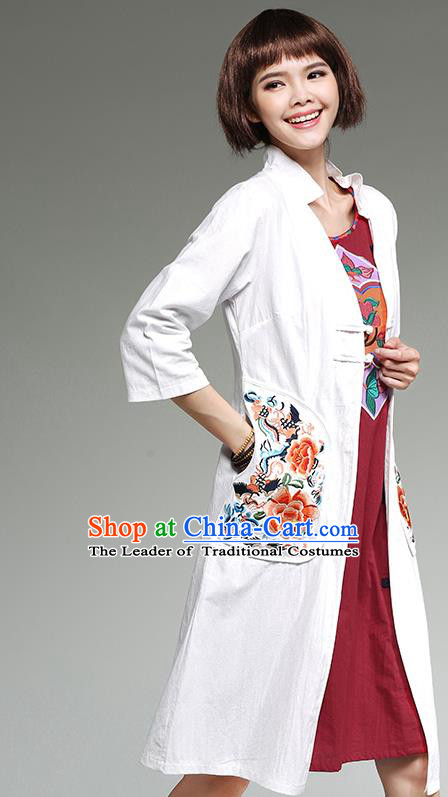 Traditional Ancient Chinese National Costume, Elegant Hanfu Cardigan Embroidered White Coat, China Tang Suit Plated Buttons Cape, Upper Outer Garment Dust Coat Cloak Clothing for Women