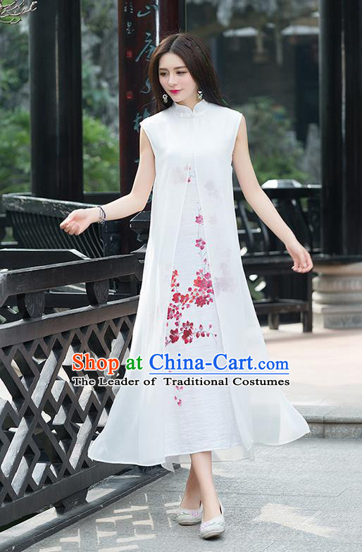 Traditional Ancient Chinese National Costume, Elegant Hanfu Mandarin Qipao Linen Hand Painting Plum Blossom White Dress, China Tang Suit Chirpaur Republic of China Cheongsam Upper Outer Garment Elegant Dress Clothing for Women