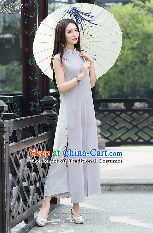 Traditional Chinese National Costume, Elegant Hanfu Mandarin Qipao Linen Hand Painting Plum Blossom Grey Dress, China Tang Suit Chirpaur Republic of China Cheongsam Upper Outer Garment Elegant Dress Clothing for Women