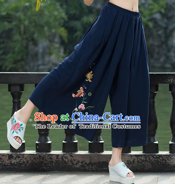 Traditional Chinese National Costume Loose Pants, Elegant Hanfu Embroidered Navy Wide leg Pants, China Ethnic Minorities Tang Suit Ultra-wide-leg Trousers for Women