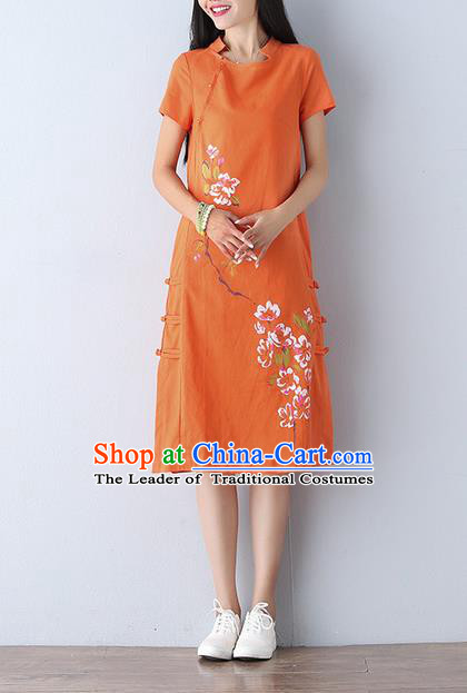 Traditional Ancient Chinese National Costume, Elegant Hanfu Mandarin Qipao Linen Printing Orange Dress, China Tang Suit Chirpaur Republic of China Cheongsam Upper Outer Garment Elegant Dress Clothing for Women