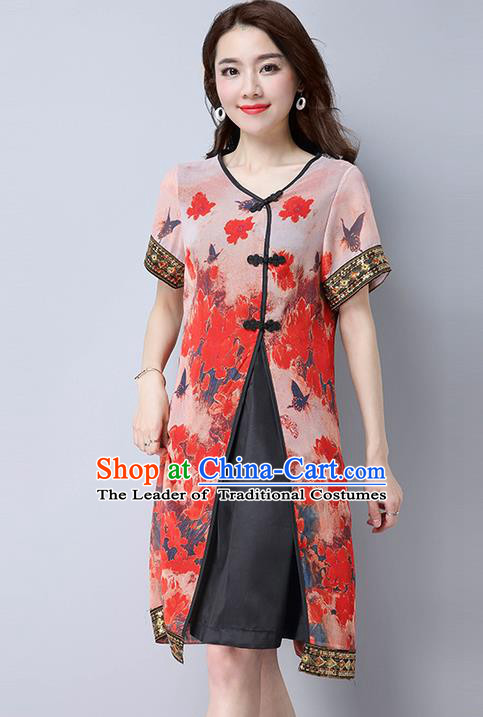 Traditional Ancient Chinese National Costume, Elegant Hanfu Mandarin Qipao Linen Painting Red Dress, China Tang Suit Chirpaur Republic of China Cheongsam Upper Outer Garment Elegant Dress Clothing for Women