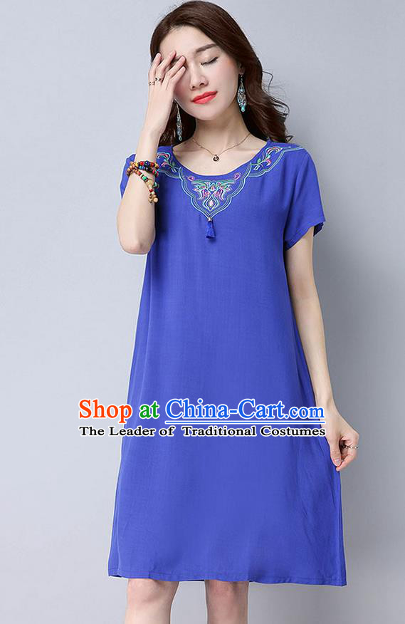 Traditional Ancient Chinese National Costume, Elegant Hanfu Mandarin Qipao Linen Embroidery Blue Dress, China Tang Suit Chirpaur Cheongsam Upper Outer Garment Elegant Dress Clothing for Women