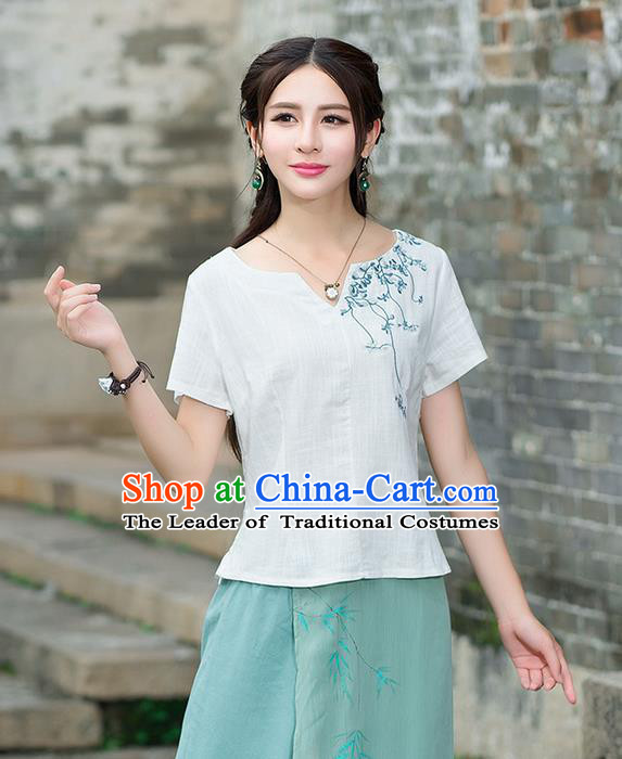 Traditional Chinese National Costume, Elegant Hanfu Embroidery Flowers White T-Shirt, China Tang Suit Republic of China Chirpaur Blouse Cheong-sam Upper Outer Garment Qipao Shirts Clothing for Women