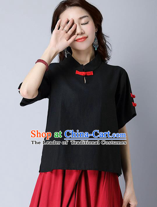 Traditional Chinese National Costume, Elegant Hanfu Stand Collar Black T-Shirt, China Tang Suit Republic of China Plated Buttons Chirpaur Blouse Cheong-sam Upper Outer Garment Qipao Shirts Clothing for Women