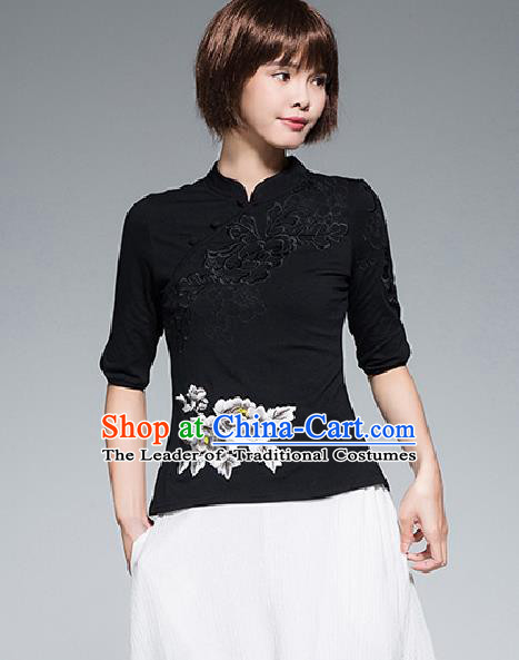 Traditional Chinese National Costume, Elegant Hanfu Stand Collar Black T-Shirt, China Tang Suit Plated Buttons Chirpaur Blouse Cheong-sam Upper Outer Garment Qipao Shirts Clothing for Women