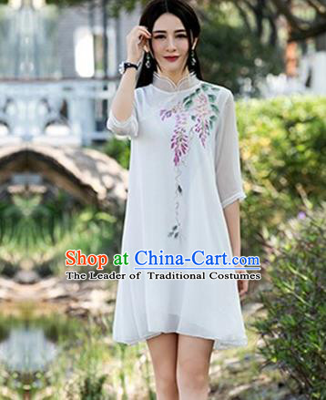 Traditional Ancient Chinese National Costume, Elegant Hanfu Mandarin Qipao Linen Hand Painting Wisteria White Dress, China Tang Suit Chirpaur Republic of China Cheongsam Upper Outer Garment Elegant Dress Clothing for Women