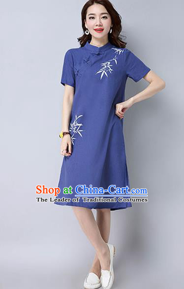 Traditional Ancient Chinese National Costume, Elegant Hanfu Mandarin Qipao Hand Painting Blue Dress, China Tang Suit Stand Collar Chirpaur Republic of China Cheongsam Upper Outer Garment Elegant Dress Clothing for Women