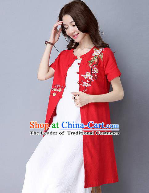 Traditional Ancient Chinese National Costume, Elegant Hanfu Red Embroidery Cardigan Coat, China Tang Suit Plated Buttons Ink Painting Cape, Upper Outer Garment Dust Coat Cloak Clothing for Women