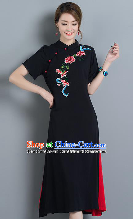 Traditional Ancient Chinese National Costume, Elegant Hanfu Mandarin Qipao Embroidery Black Linen Dress, China Tang Suit Chirpaur Republic of China Cheongsam Upper Outer Garment Elegant Dress Clothing for Women