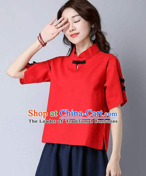 Traditional Chinese National Costume, Elegant Hanfu Stand Collar Red T-Shirt, China Tang Suit Republic of China Plated Buttons Chirpaur Blouse Cheong-sam Upper Outer Garment Qipao Shirts Clothing for Women