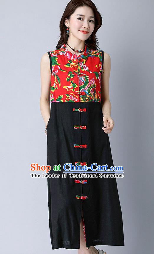 Traditional Ancient Chinese National Costume, Elegant Hanfu Mandarin Qipao Peony Flowers Joint Linen Black Dress, China Tang Suit Chirpaur Republic of China Cheongsam Upper Outer Garment Elegant Dress Clothing for Women