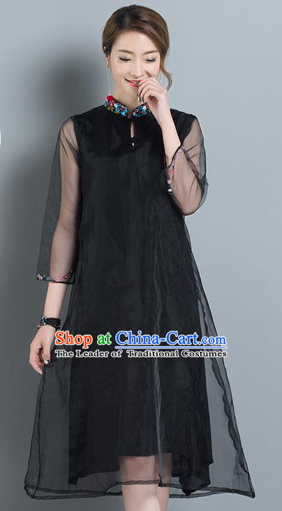 Traditional Ancient Chinese National Costume, Elegant Hanfu Mandarin Qipao Organza Black Dress, China Tang Suit Chirpaur Cheongsam Upper Outer Garment Elegant Dress Clothing for Women