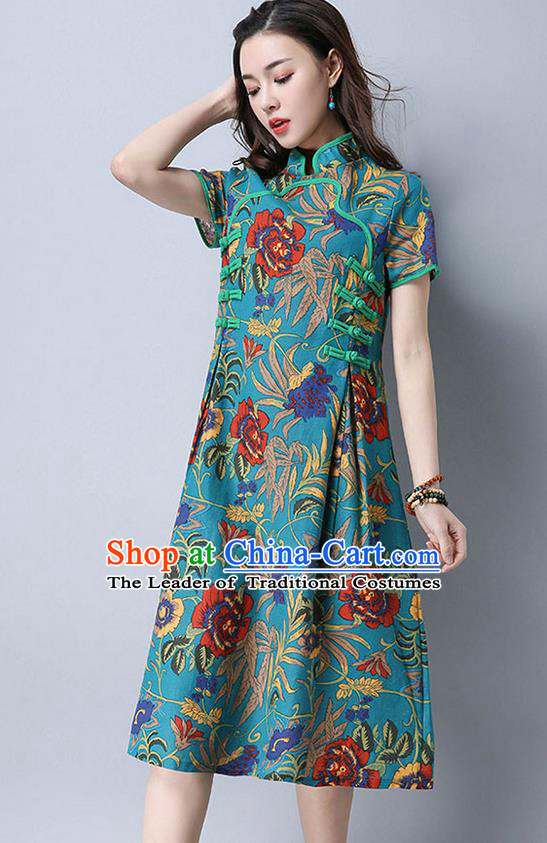 Traditional Ancient Chinese National Costume, Elegant Hanfu Mandarin Qipao Printing Linen Green Dress, China Tang Suit Chirpaur Cheongsam Upper Outer Garment Elegant Dress Clothing for Women