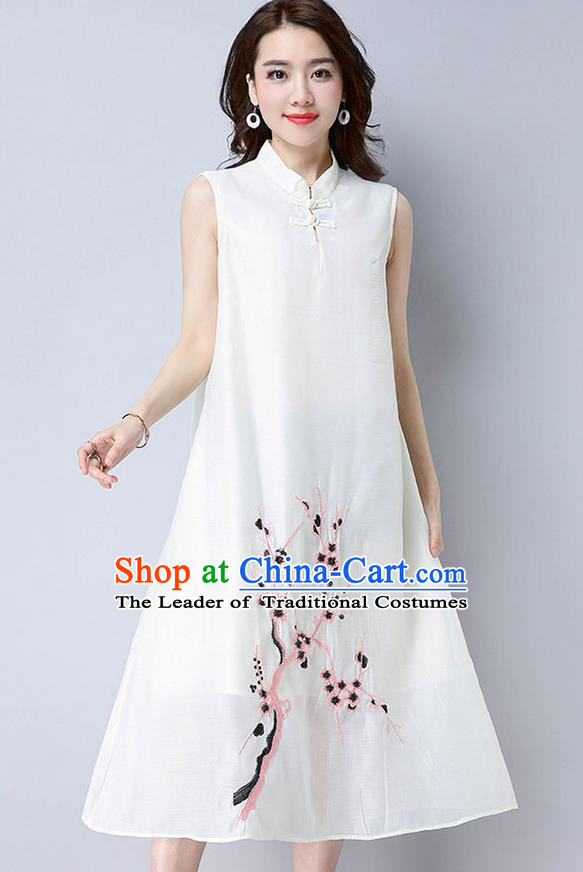 Traditional Ancient Chinese National Costume, Elegant Hanfu Mandarin Qipao Linen Embroidery Plum Blossom White Dress, China Tang Suit Chirpaur Republic of China Cheongsam Upper Outer Garment Elegant Dress Clothing for Women