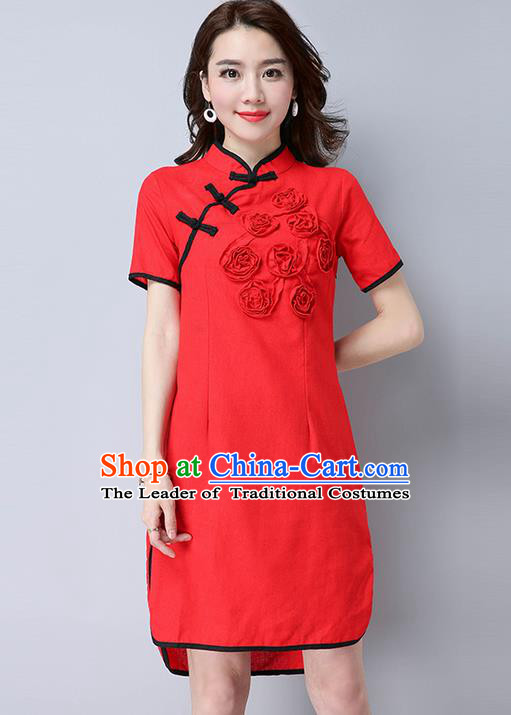 Traditional Ancient Chinese National Costume, Elegant Hanfu Mandarin Qipao Flowers Linen Red Dress, China Tang Suit Chirpaur Republic of China Cheongsam Upper Outer Garment Elegant Dress Clothing for Women