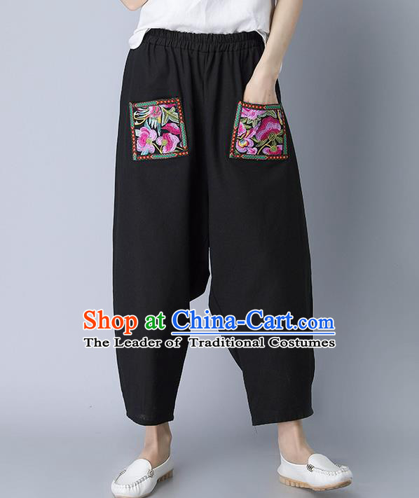 Traditional Chinese National Costume Plus Fours, Elegant Hanfu Patch Embroidered Black Bloomers, China Ethnic Minorities Tang Suit Pantalettes for Women