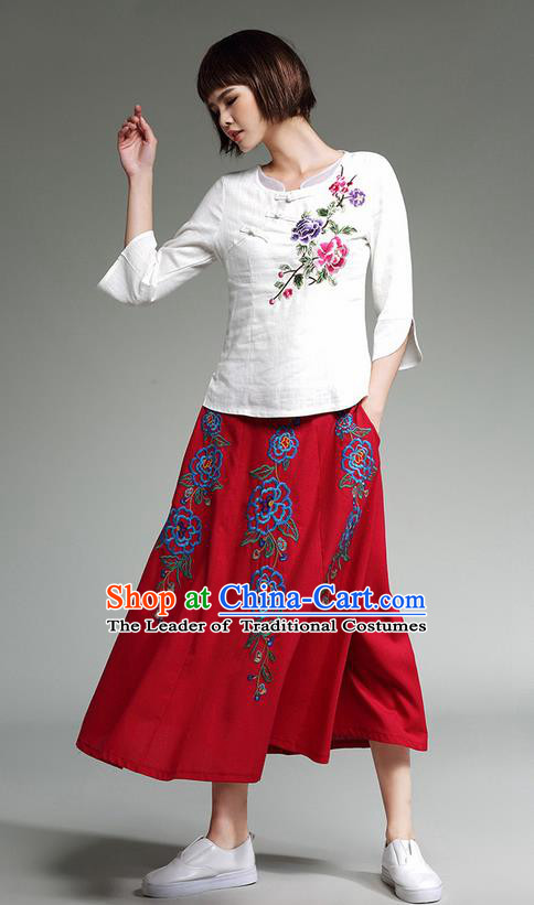 Traditional Ancient Chinese National Pleated Skirt Costume, Elegant Hanfu Linen Embroidery Long Red Dress, China Tang Suit Big Swing Bust Skirt for Women