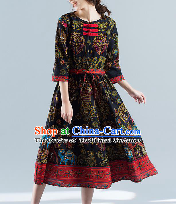 Traditional Ancient Chinese National Costume, Elegant Hanfu Mandarin Qipao Printing Folk Dance Blue Big Swing Dress, China Tang Suit National Minority Upper Outer Garment Elegant Dress Clothing for Women