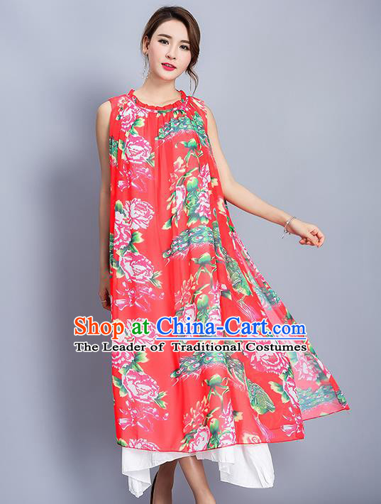 Traditional Ancient Chinese National Costume, Elegant Hanfu Mandarin Qipao Printing Peony Folk Dance Big Swing Red Dress, China Tang Suit National Minority Upper Outer Garment Elegant Dress Clothing for Women