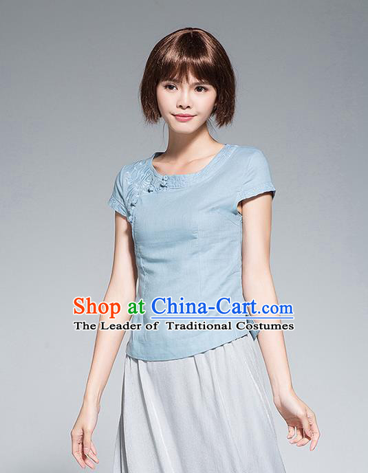 Traditional Chinese National Costume, Elegant Hanfu Embroidery Slant Opening Blue Shirt, China Tang Suit Republic of China Schoolgirl Chirpaur Blouse Cheong-sam Upper Outer Garment Qipao Shirts Clothing for Women