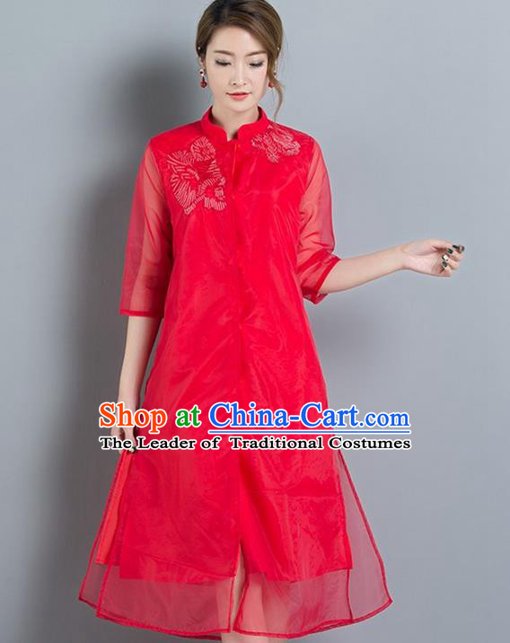 Traditional Ancient Chinese National Costume, Elegant Hanfu Mandarin Qipao Red Embroidery Dress, China Tang Suit Chirpaur Upper Outer Garment Elegant Dress Clothing for Women