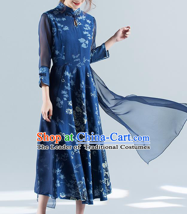 Traditional Ancient Chinese National Costume, Elegant Hanfu Mandarin Qipao Chiffon Printing Blue Double-deck Dress, China Tang Suit Chirpaur Republic of China Cheongsam Upper Outer Garment Elegant Dress Clothing for Women