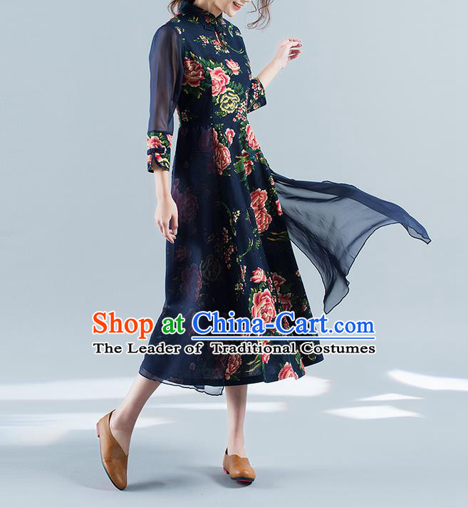 Traditional Ancient Chinese National Costume, Elegant Hanfu Mandarin Qipao Chiffon Printing Black Double-deck Dress, China Tang Suit Chirpaur Republic of China Cheongsam Upper Outer Garment Elegant Dress Clothing for Women