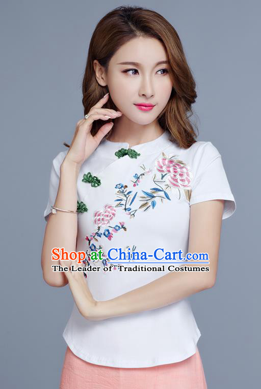 Traditional Chinese National Costume, Elegant Hanfu Embroidery Flowers Slant Opening White T-Shirt, China Tang Suit Plated Buttons Chirpaur Blouse Cheong-sam Upper Outer Garment Qipao Shirts Clothing for Women