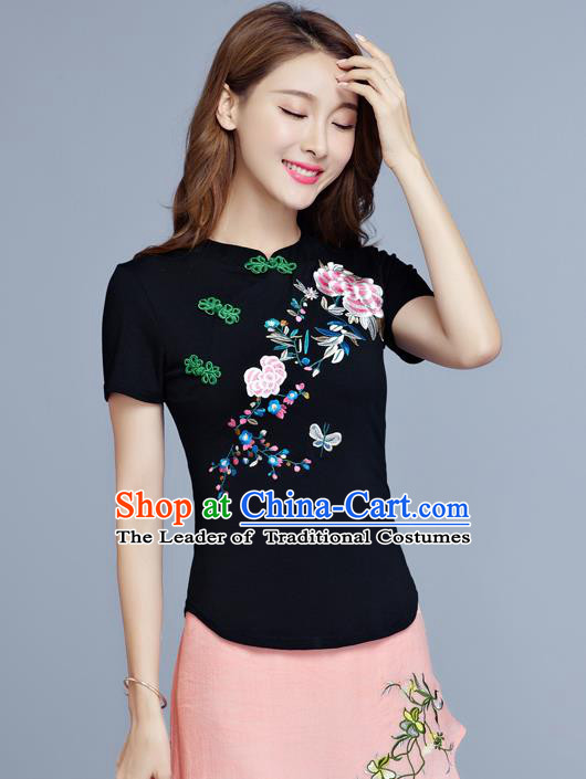 Traditional Chinese National Costume, Elegant Hanfu Embroidery Flowers Slant Opening Black T-Shirt, China Tang Suit Plated Buttons Chirpaur Blouse Cheong-sam Upper Outer Garment Qipao Shirts Clothing for Women