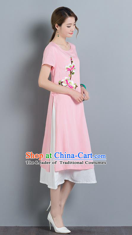 Traditional Ancient Chinese National Costume, Elegant Hanfu Mandarin Qipao Linen Embroidery Pink Dress, China Tang Suit Cheongsam Elegant Dress Clothing for Women