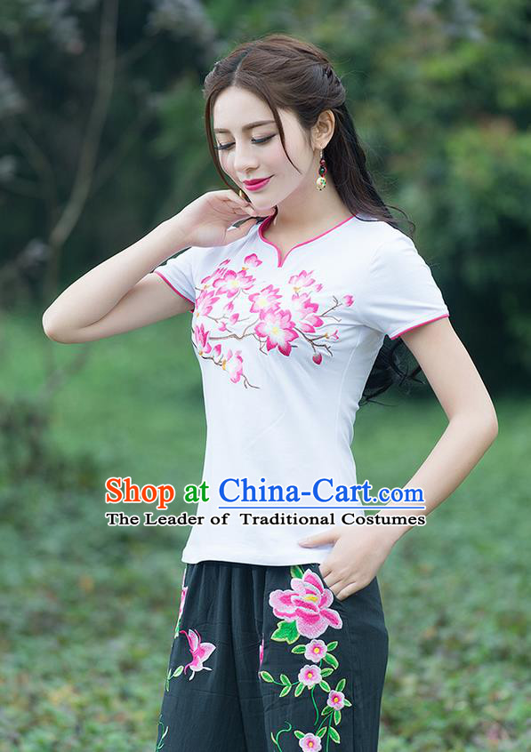 Traditional Chinese National Costume, Elegant Hanfu Embroidery Flowers White T-Shirt, China Tang Suit Republic of China Chirpaur Blouse Cheong-sam Upper Outer Garment Qipao Shirts Clothing for Women