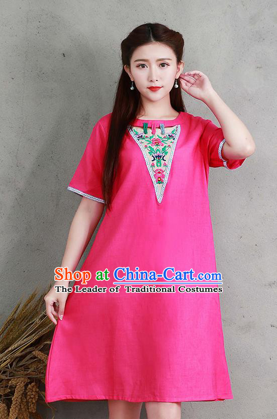 Traditional Ancient Chinese National Costume, Elegant Hanfu Linen Embroidery Pink Dress, China Tang Suit Chirpaur Elegant Dress Clothing for Women